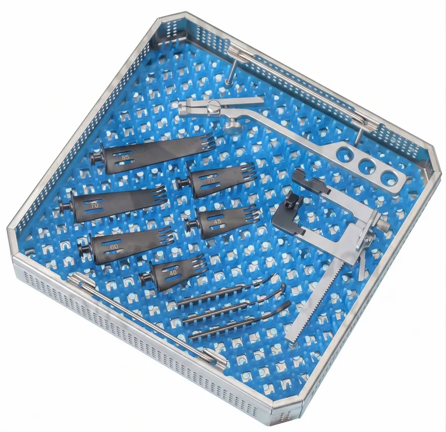 Micro discectomy instrument set laid out in a stainless steel sterilization tray